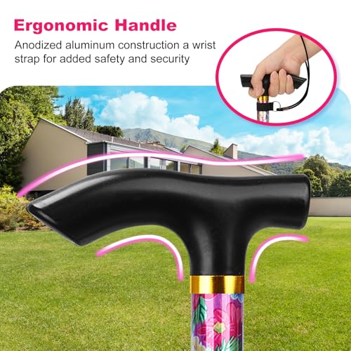 MFE Folding Cane, Portable 5-Level Adjustable Height Walking Stick with Foldable Design, Wrist Strap, and T Handle for Men and Women - color: Pink Floral
