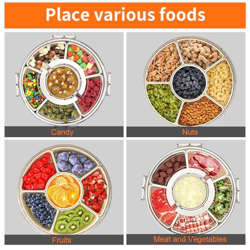 Divided Serving Tray with Lid and Handle, Portable Snackle Box Container for Fruits Snacks Charcuterie Organizer, Spinning Rounded Veggie Tray for Kitchen, Party, Travel and Picnic - size: 6 Compartments