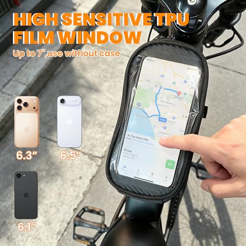 WB01 Large Waterproof Bike/Bicycle Phone Front Frame Bag,Water-resistant Tube Bag Phone Holder with Touchscreen & Storage,Cycling Pouch, Navigation Bike Accessories for Phone Under 7", Black