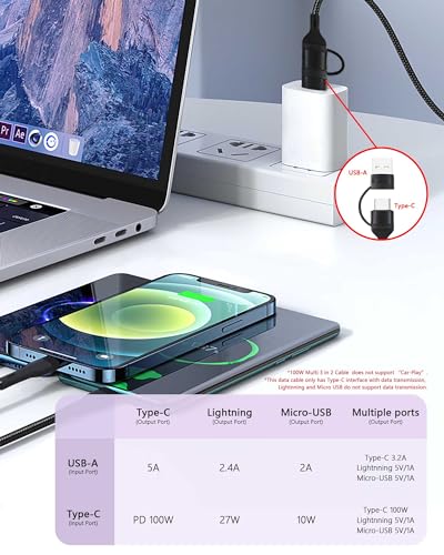 Awnuwuy 100W Multi 3 in 2 Cable 10FT, USB A/C to USB-C Lightning Micro Port | Black Long Nylon Braided, 3 in 2 Fast Charging Cable For iPhone 17/16/15/15 plus,Samsung S26/S25, Multiple Devices, Laptops - size: 10FT