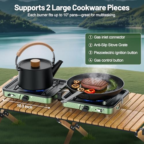 Portable Camping stove, 2 Burner Foldable Camping Stove with Griddle and Carrying Bag & Hose, 8600BTU Portable Propane Camp Stove with Ignition & 2 Adjustable Burners,for Camping Tailgating BBQ Grill - color: Green