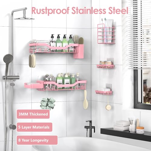 NESOMI Shower Caddy Adhesive Shower Organizer 7-Pack, Rustproof Stainless Steel Bathroom Shelves, Large Capacity No-Drill Rack Storage Accessories with Soap Dish Toothbrush Holder Hooks - color: Pink, size: 7-Piece Set
