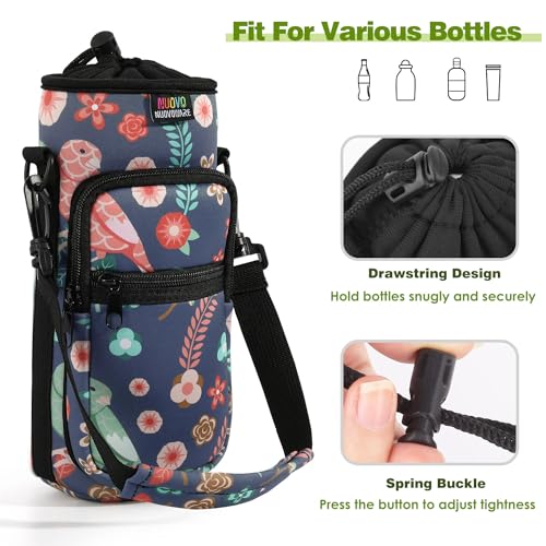 Nuovoware Water Bottle Carrier Bag, 750ml Bottle Pouch Holder, Adjustable Shoulder Hand Strap 2 Pocket Sling Neoprene Sleeve Sports Accessories for Hiking Travelling Camping, Green Bird+Blossoms - color: Green Bird+Blossoms, size: 25-32 Ounces - Standard