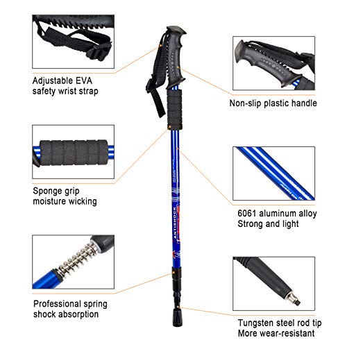 Trekking Poles,Adjustable Shock Absorbing Hiking Walking Stick-2Pcs | Aviation aluminum,Collapsible, Lightweight, All-terrain walking poles, Carry bag included - color: blue