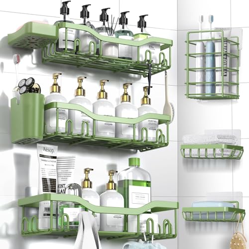 NESOMI Shower Caddy Adhesive Shower Organizer 8-Pack, Rustproof Stainless Steel Bathroom Shelves, Large Capacity No-Drill Rack Storage Accessories with Soap Dish Toothbrush Holder Hooks - color: Green, size: 8-Piece Set