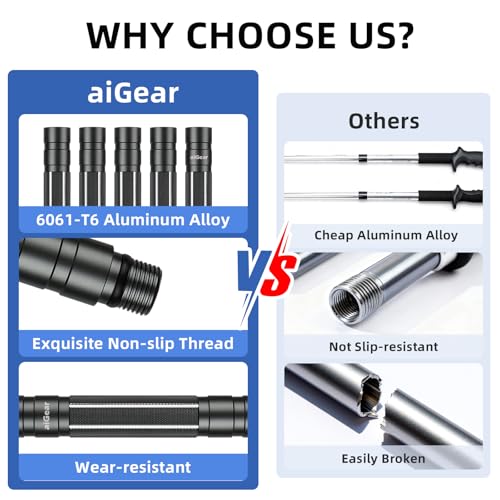 aiGear G2 Tactical Hiking Stick with Multi-Tool, 6-8 Section Walking Staff | 6061-T6 Aluminum, Magnesium Fire Starter, Anti-Skid Tip and Convertible T-Handle for Wading, Camping and Overlanding - size: 7 Tubes / 54.1"