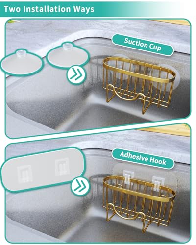 HapiRm Multifunctional Sponge Holder - 2 Installation Methods Sink Caddy with Unique M-shaped, Stainless Steel Kitchen Sink Organizer for Sponge, Brush, Stopper and Scraper - Gold - color: Gold, size: with M-shaped Holder