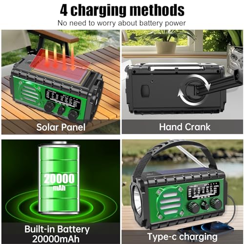 Solar Powered Emergency Hand-Crank Radio with 20,000mAh Battery, Clear Reception, Supports AM/FM/SW/NOAA Weather Broadcasts, Features a Dual-Mode LED Flashlight and Phone Charger for Camping