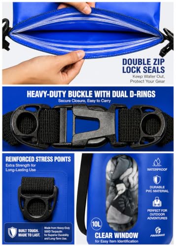 Freegrace Waterproof Dry Bag with Double Zip-Lock, Phone Case & Waist Pouch | 10L Navy Blue, Clear Window, Submersible 500D Drysack, Adjustable Crossbody Strap, Gear For Kayaking, Boating, Beach, Surfing - color: Navy Blue, size: 10L, style: Window