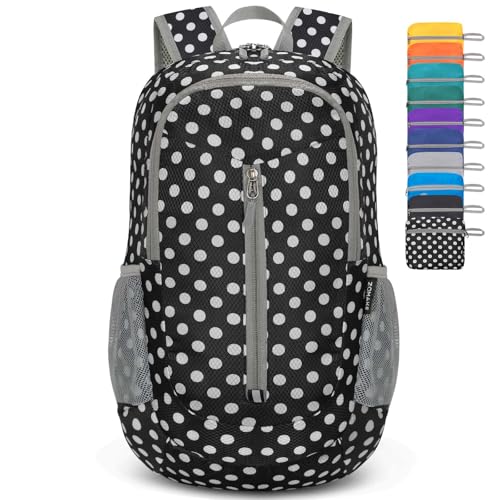 ZOMAKE Lightweight Packable Backpack 25L, Foldable Hiking Daypack - color: Black, White Polka Dot, size: 25L