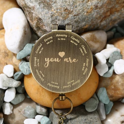 Engraved Brass Compass with Scripture, Inspirational Baptism Gift for Boy Girl Women Men, First Communion or Confirmation Gift, Christian Travel Hiking Religious Pocket Compass for Graduation Birthday