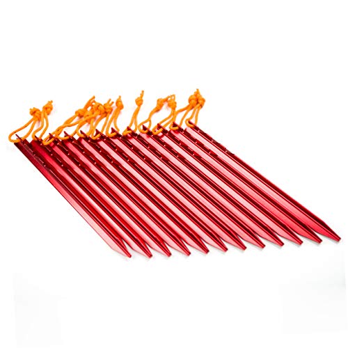 Aluminum Alloy Tent Stakes Pegs, 12-Pack Aluminum Ground Pegs with Reflective Pull Ropes, Lightweight Metal Stakes Pegs for Camping Tents Hammocks - color: Red
