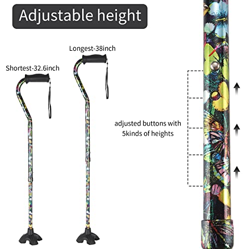 Elegant Walking Cane for Women, Foldable & Adjustable Cane for Seniors with Self-Standing Tip | Lightweight Mobility Aid for Stability & Balance Support - color: Green butterflies floral printed