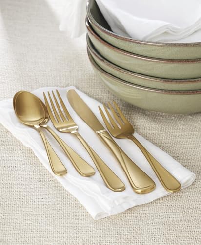 Oneida Flight Gold Satin 20-Piece 18/0 Silverware Set for 4, Flatware | satin finish, dishwasher safe | includes knives, forks, and spoons | heavy duty, cutlery set for kitchen and dining, utensils - style: 20-Piece Flatware Set, Gold