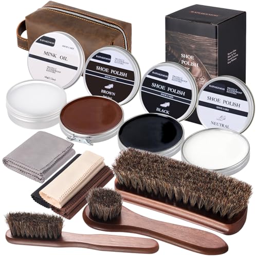 RAPSAKEMOH Shoe Polish Kit, Horsehair Brush Shoe Shine Kit For men - color: Dark Brown