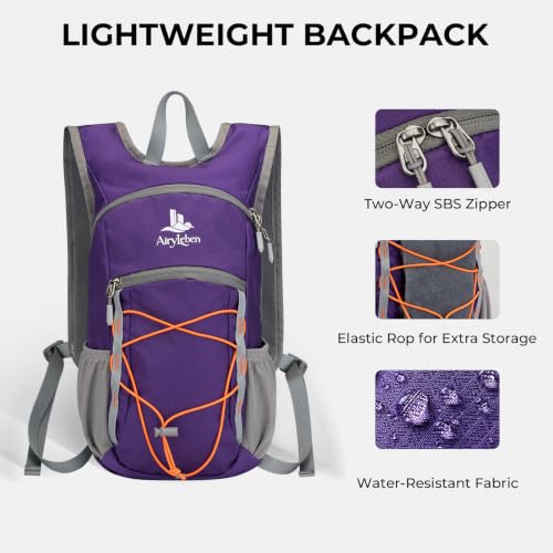 14L Small Hiking Backpack, Packable Travel Daypack for Men Women | Lightweight, Quick-Access Phone Pocket, Breathable, Water Resistant, Adjustable Straps, Emergency Whistle, Commuting Cycling - color: Purple