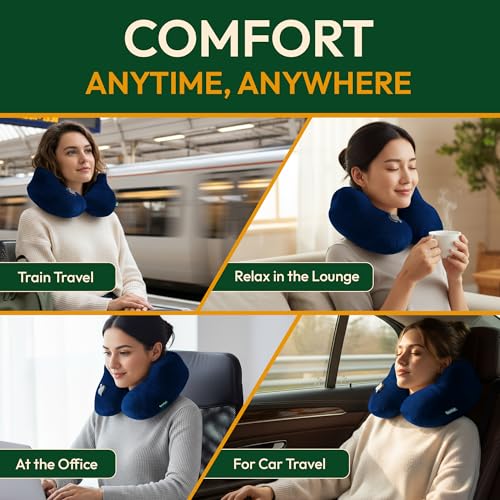 Inflatable Travel Neck Pillow with Adjustable Memory Foam Sides | Lightweight, Soft & Portable Support (Navy Blue, Standard) - color: Navy Blue