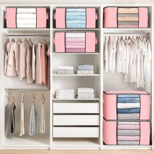 90L Large Storage Bags, 4 Pack Clothes Storage Bins Closet Organizers - color: Pink, size: 4 Pack-90L