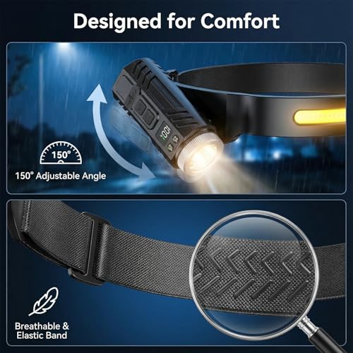 Rechargeable Headlamp with Motion Sensor,LED Headlight, Waterproof Bright Head Lamp for Adults, Camping, Running, Hiking, Fishing, Hard Hat Light - color: Round