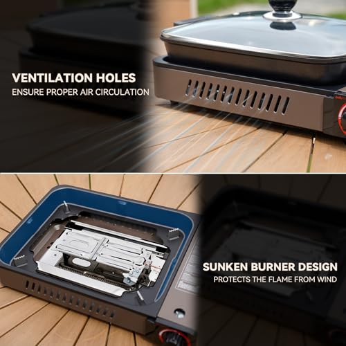 Portable Propane Gas Stove with Grill Pan and Lid | Butane Camping Stove Instant Ignition for Patio Backyard Home Cooking Camping RV Tailgating Emergency Use, GS349
