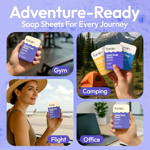 FOMIN - Paper Soap Sheets for Traveling - 100 Lavender Portable Camping Soap Sheets for Travel in Tin - Dissolvable Mini Portable Travel Soap Sheet for Hand Washing - color: Lavender