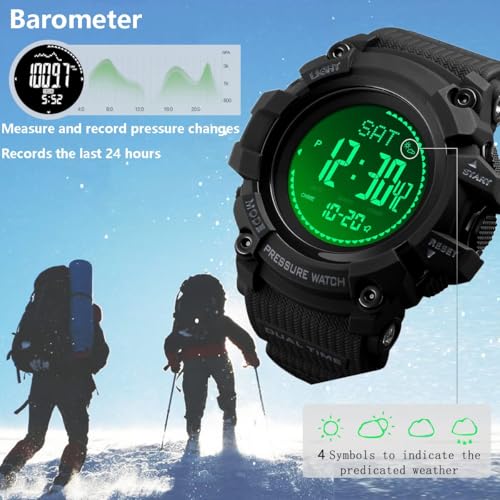 Watch Compass, Altimeter Barometer Thermometer Temperature, Pedometer, Military Army Waterproof Outdoors Sport Digital Watch for Men - color: Black-A