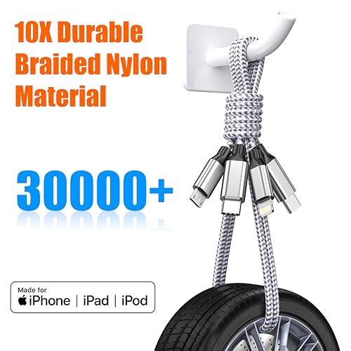 Multi Charging Cable 4ft 3Pack 3 in 1 Charger Cord, Multiple Usb C Cable | Nylon Braided Cable USB Charging Cable Multi Phone Charger Cord with Type C Micro Lightning for Apple iPhone17-5 Cell Phones - color: White/Silver-4ft