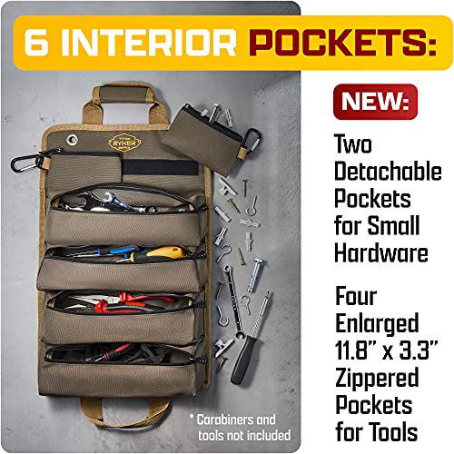 Ryker Heavy Duty Roll Up Tool Bag Organizer w/Detachable Pouches, Khaki - color: A- Khaki