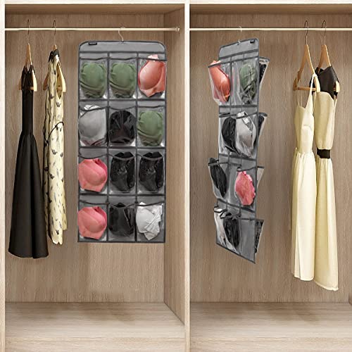 Dual Sided Hanging Shoe Organizer for Closet with Rotating Hanger Hanging Shoe Rack Holder with 24 Large Pockets (GREY-Clear Pockets) - color: GREY
