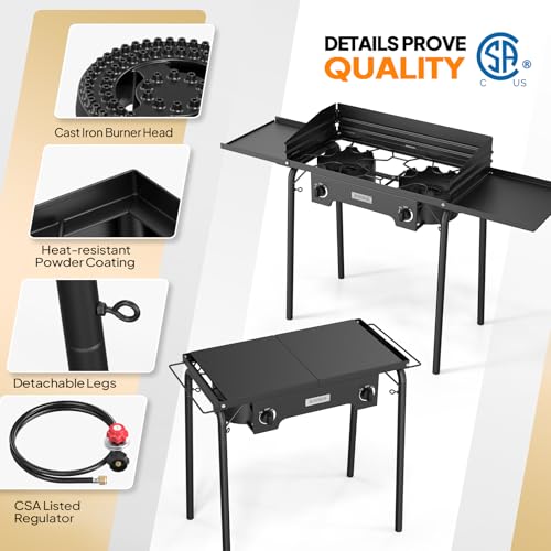 ROVSUN 2 Burner Outdoor Camping Stove with Wind Panel & Shelves, Heavy Sturdy Propane Burner, Gas Cooker with Detachable Legs & CSA Regulator for Home Camp Paito Cooking Frying Canning - style: 2-Burner (shelves)