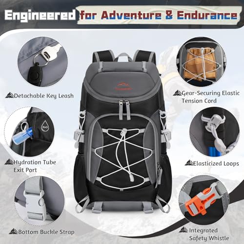 RAINSMORE Foldable Hiking Backpack for Women Men Packable Camping Backpack 40L Waterproof Hiking Daypack Bag Lightweight Collapsible Daypack for Travel Trekking Mountaineering Large Capacity Black - color: Black and Grey