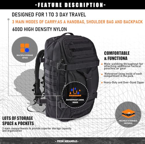 3-in-1 Gym Bag Duffle Bags Backpack - Travel Bag with Shoes Compartment - color: Black, size: 45l