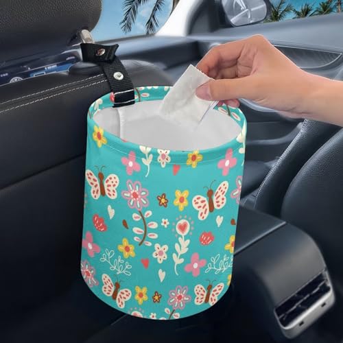 Cartoon Daisy Butterfly Car Rubbish Bag Can Reusable Hanging Auto Garbage Organization Can Bin with Adjustable Strap for Camping，Travel Accessories - color: Cartoon Daisy Butterfly