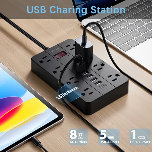 Power Strip with USB Ports, HUNIAN 5Ft Flat Plug Extension Cord, Black | 8 Widely Spaced Outlets 6 USB (1 USB C Port), Wall Mount Charging Station for Home and Office - color: Black, size: 5FT
