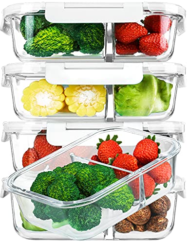 M MCIRCO 5 Pack,36 oz, 2 Compartments Glass Meal Prep Containers with Lids | Divided Glass Food Storage Containers, Portion Control Lunch Containers, Microwave, Oven, Freezer, Dishwasher, White - color: White