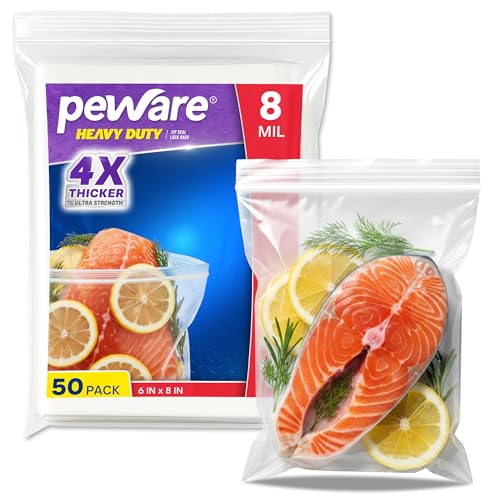 Heavy Duty Zip Seal Lock Bags, 6"x8" Extra Thick Storage Bags, 50 Pack | Quart, Waterproof, Reusable Clear Poly Plastic Baggies, Resealable Zipper, for Sandwich, Freezer, Tools, Industrial Parts - size: 6"x8"