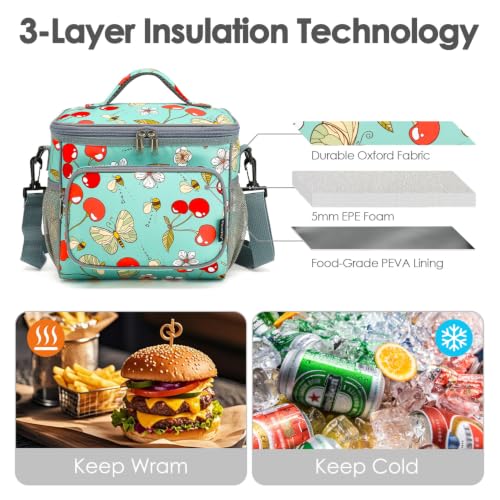 FlowFly Insulated Reusable Lunch Bag Adult Large Lunch Box for Women and Men with Adjustable Shoulder Strap,Front Zipper Pocket and Dual Large Mesh Side Pockets,Cherry - color: Cherry