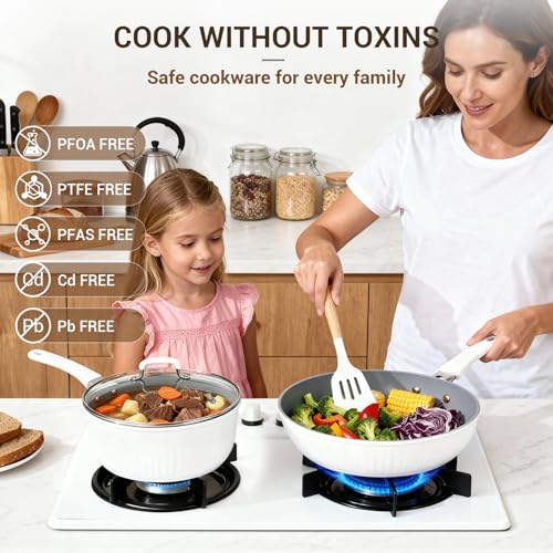 Ammeloo 15-Piece Ribbed Ceramic Cookware Set, Pots and Pans Set Non Stick, Induction Ready, Healthy Non Toxic Kitchen Cooking Set PFAS/PFOA/PTFE-Free, Silicone-wrapped Stay-Cool Handle - color: Cream White