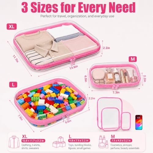3 Pack Clear Hard Shell Zipper Case (1XL + 1L + 1M, Pink) | Travel Toiletry Bag, Waterproof 1.2mm PET Hard Plastic Pouches, Organizer Box for Makeup, Toy, Snack, Stationery, Diaper - color: Pink(XL+L+M)