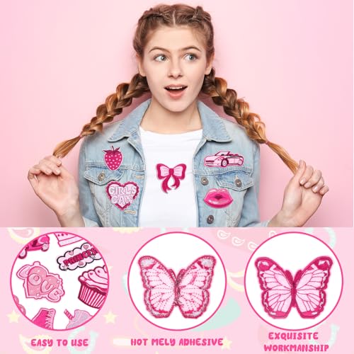 Hotop 48Pcs Pink Iron on Patches for Girls Jeans Jacket - style: Hot Pink Girl