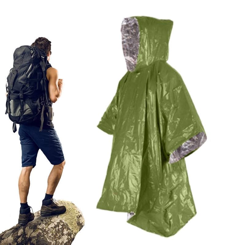 Emergency Poncho with Mylar Blanket Liner for Survival Gear, Waterproof, Wind-Resistant Green Rain Poncho for Outdoors, Camping, and Car Emergency Kits - Thermal Poncho- 4 Pack
