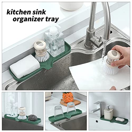 MicoYang Silicone Soap Dish with Drain Spout — Self-Draining Double Sink Organizer Tray for Kitchen & Bathroom, Dispensers, Sponges & Soap Holder, Non-Slip & Dishwasher Safe, Green (Large, 12"×4") - color: Green, size: L(12"×4")
