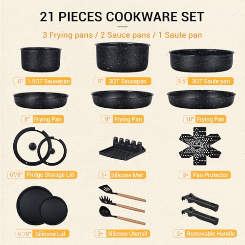 Ammeloo 21Pcs Pots and Pans Set Non Stick with Detachable Handle Frying Pan - color: Frying Pan Set