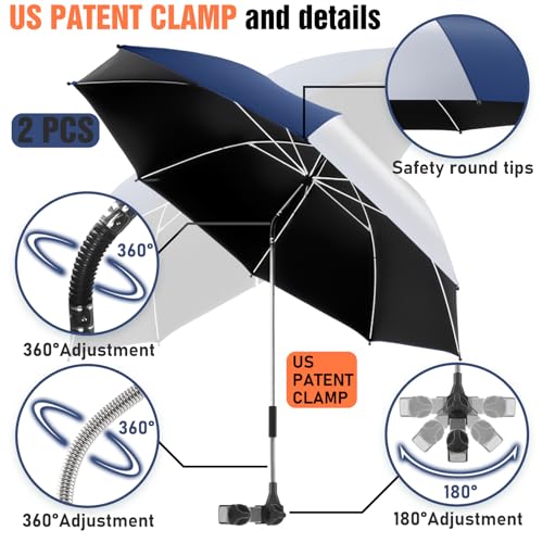 2 Pack Beach Umbrella with 360 Universal Clamp, UPF50+ Umbrella Outdoor Patio Sun Protection for Chairs, Beach &Patio Use (Not Include Chair) - color: Ink Blue/Silvery