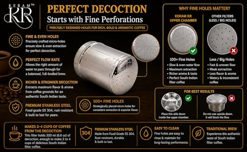 South indian filter coffee maker indian style 10.1 oz (300 ml) | KERAM indian coffee filter 304 stainless steel coffee dripper reusable phin filter decoction maker pour over alternative - size: 300 ml