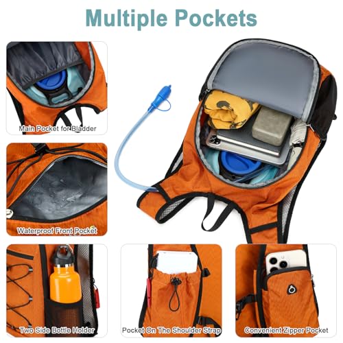BOVIP Lightweight Hydration Back,15L Multipurpose Hiking Backpack with 1.5L Water Bladder ,Hydro Water Daypack for Cycling Hiking Rave for Men Women - size: Orange