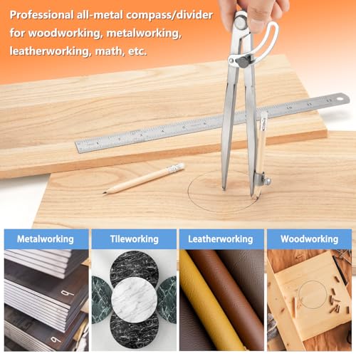Woodworking Compass Geometry Set - Large Locking Pencil Compass for Drawing Circles, Professional 8 Inch Woodworking Compass with 2 Pencils and a 12inch Ruler, Perfect for Precision Geometry. - size: 8 Inch