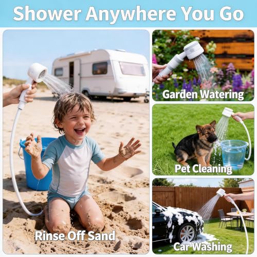 Portable Camping Shower Pump - Rechargeable Outdoor Shower Head Sprayer, Pumps Water from Bucket. Experience Refreshment Anywhere, Perfect for Camping, Hiking, Travel, Car Washing & Pet Cleaning