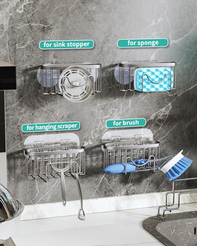 HapiRm Multifunctional Kitchen Sponge Holder with Unique M-Shaped, 2 Installation Ways Sink Caddy, Stainless Steel Kitchen Organizer for Sponge, Brush, Sink Stopper and Scraper -Brushed Nickel - color: Brushed Nickel, size: with M-shaped Holder