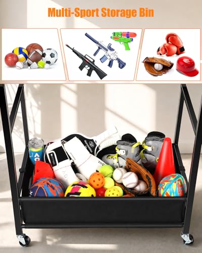 EXTCCT Ball Storage Sports Equipment Organizer - Garage Storage Cart Rolling Ball Storage Rack with Hooks Wheels Outdoor Indoor Gym Gear Toy Holder Bin for Basketball, Baseball, Soccer - color: Large Black